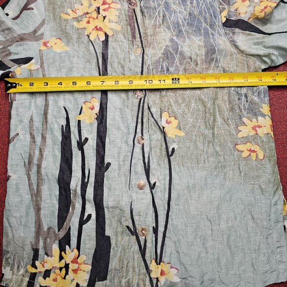 Citron Watercolor Floral Linen Silk Button Up Shirt XS Mandarin Collar Coastal - Picture 6 of 9